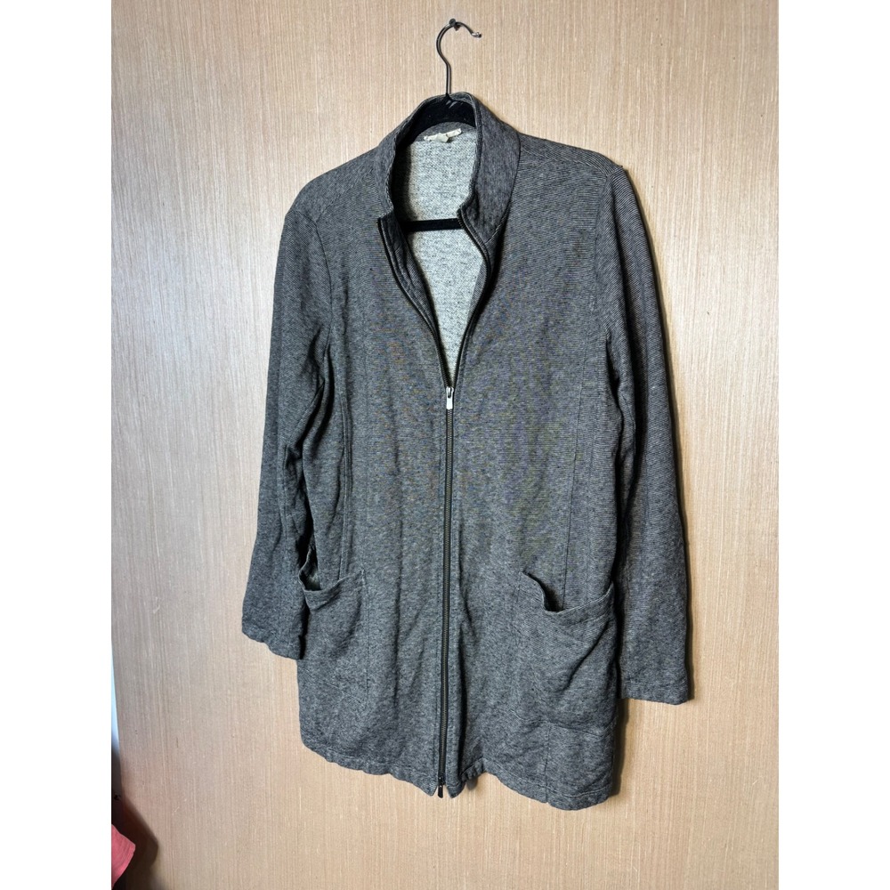 Eileen Fisher Gray Hemp Organic Cotton Zip Front Longline Cardigan Jacket L/G